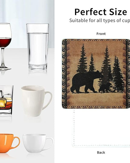 Marble Coasters Square Leather Drinks Coaster Set with Holder for Coffee Table Bar Home Decor 4 Inches Set of 6 (Forest Animals, One Size)