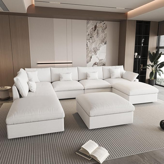 WJShome Cloud Couch for LivingRoom,153" U Shaped Modular Sectional Sofa with Ottoman,Down Filled 7 Seater Convertible Sleeper Sofa Bed Oversized Furniture Sets,White