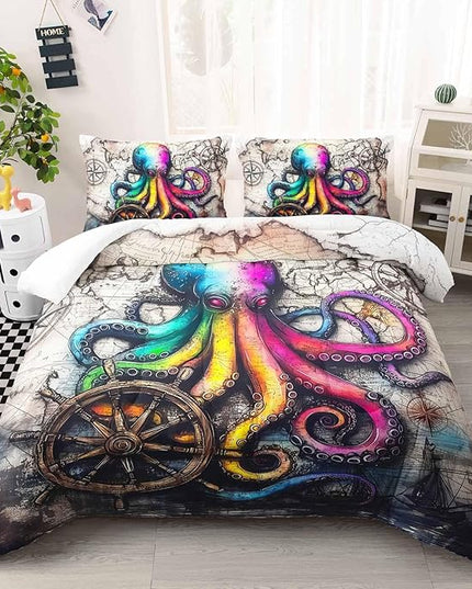 AILONEN Octopus Window Drapes Comforter Set Full Size,Nautical Adventure Map & Ship Wheel Bedding Sets,Ocean Animal Sealife Duvet Set,3-Piece, 1 Quilt and 2 Pillowcases,Soft Microfiber