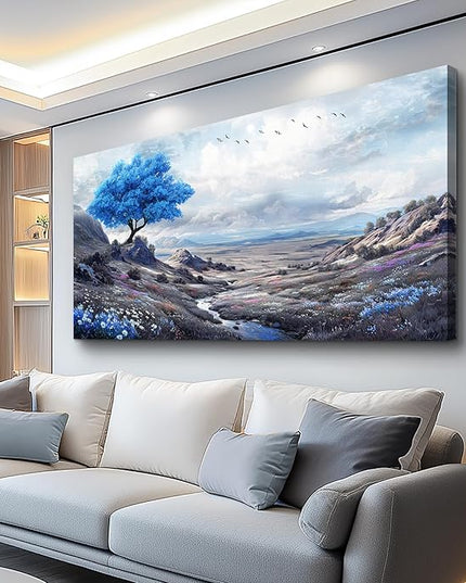 XIGUANGART Blue Flowers Tree of Life Art Prints Painting Landscape Canvas Wall Art for Bedroom Nature Picture Modern Artwork Wall Decor for Living Room Kitchen Home Office Mural Posters Gift 24"X48"