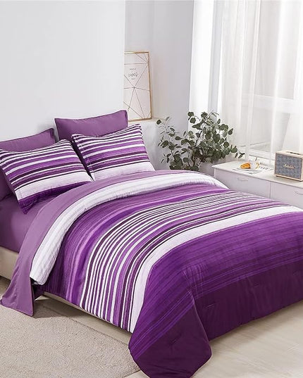 KAKIJUMN 5 Piece Bed in a Bag Stripe Comforter Set Twin Size, White and Purple Patchwork Striped Comforter and Sheet Set, All Season Soft Microfiber Complete Bedding Sets(Purple,Twin)