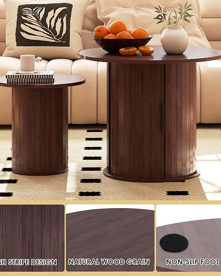 COSVALVE Nesting Coffee Table Set of 2 with Hidden Storage & Sliding Door, Circle Wood Coffee Table, Farmhouse Side & End Table Sets for Living Room, Small Spaces, Walnut