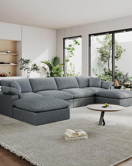 Modular Sectional Sofa Cloud Couch,Down Filled Comfy Cloud Modern Sofa,Light Blue Linen U Shape 6 Seater Oversized Couch Cushion Covers Removable for Living Room