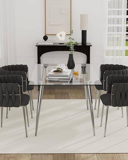 5 Piece Modern Glass Dining Room Set, 51'' Luxury Minimalist Dinner Room Set for 4, 4 Person Clear Glass Rectangle Kitchen Table with Black Woven Chair, for Living Room Small Place (Silver)