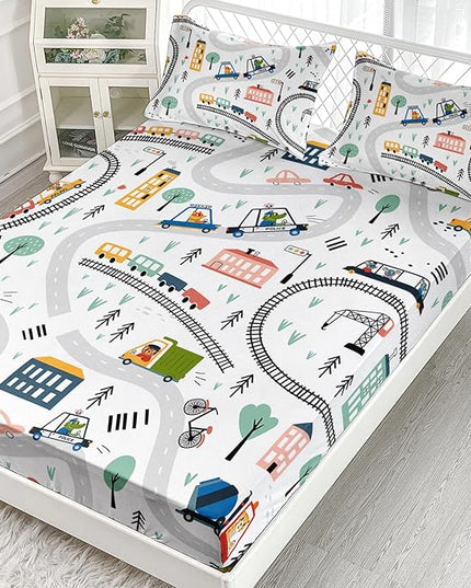 Ailonen Construction Cars Bed Linens - Queen Size Sheet Set With 1 Fitted Sheet and 2 Pillowcases For Boys Kids