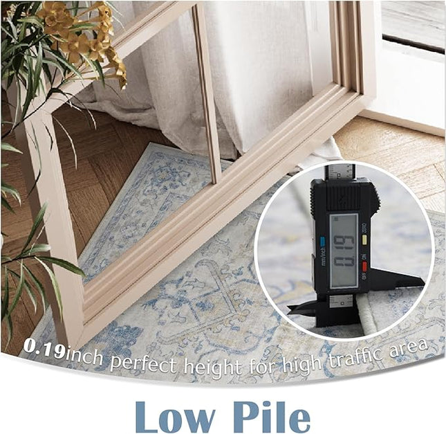 jinchan Hallway Runner Rug 2x8 Machine Washable - Vintage Floral Non-Slip Low-Pile Soft Ultra-Thin Faux Wool Kitchen Rug Distressed Carpet Runner for Farmhouse Bedroom Laundry Room (2x8ft, Blue)