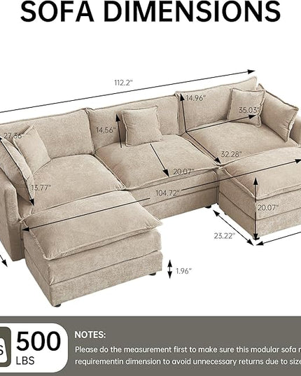 HIPIHOM Modular Sectional Sofa, 112.2 Inch L Shaped Couch Set with Armrests, 3-Seater Comfy Cloud Couches for Living Room Apartment, Coffee