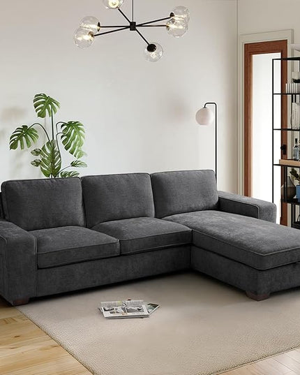 PARKOL 102" L-Shaped Sectional Couch with Storage, Sofa with Reversible Chaise, USB Type-C Charging, Chenille Fabric, Removable Cushion Covers, for Small Space, Apartment, Living Room, Dark Gray