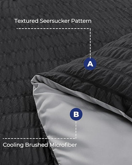 HYMOKEGE Black/Light Grey Twin Comforter Set Seersucker 5 Pieces, All Season Luxury Bed in a Bag for Bedroom, Bedding Set with Comforter, Sheets, Pillowcase & Sham