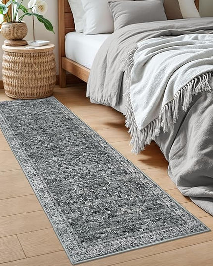 2x6 Runner Washable Rug for Hallways, Moss Charcoal Soft Neutral Vintage Kitchen Rugs with Non-Slip, Non-Shedding Distressed Floral Rug for Entryway Porch Kitchen Bedroom Laundry