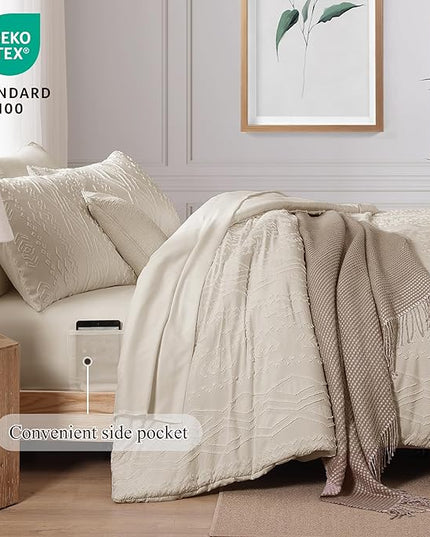 Full Size Comforter Set Beige, Tufted Boho Bedding Farmhouse Bed Set, All Season 7 Pieces Bed in a Bag with Sheets, Pillowcases & Shams