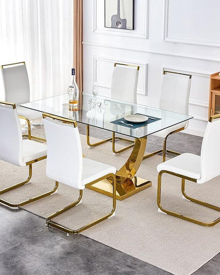 63” Glass Dining Table Set for 6,Gold Dining Room Table Set for 6,Modern Kitchen Table and PU Leather Chairs for 6, Dinner Table with Rectangle Tempered Glass Top and Golden Base