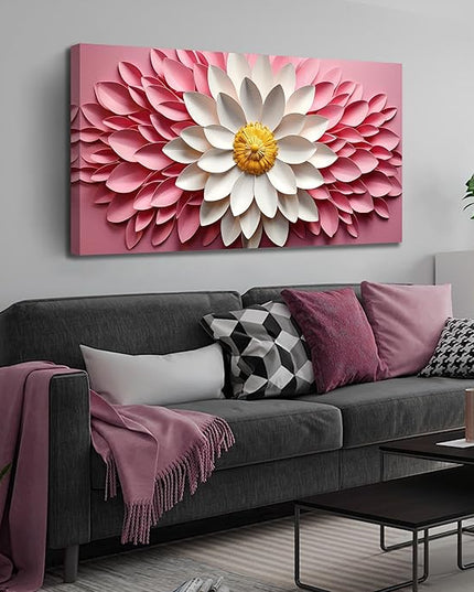 Ouzzlie Flower Canvas Wall Art for Living Room Bedroom Home Office Pink Picture Art Modern Large Floral Wall Decor Prints White Artwork 24" x 48"