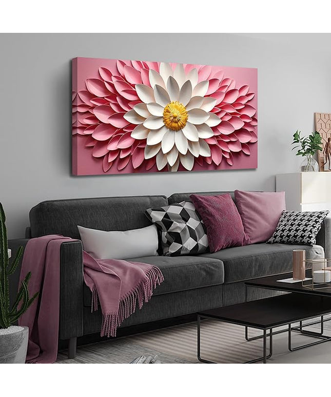 Ouzzlie Flower Canvas Wall Art for Living Room Bedroom Home Office Pink Picture Art Modern Large Floral Wall Decor Prints White Artwork 24" x 48"
