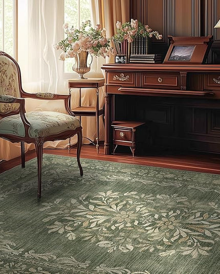 jinchan Green Floral 8x10 Area Rugs for Living Room - Machine Washable Vintage Distressed Design Soft Throw Rug Non-Slip Large Christmas Carpet for Bedroom Nursery Home Office (8x10ft, Dark Green)