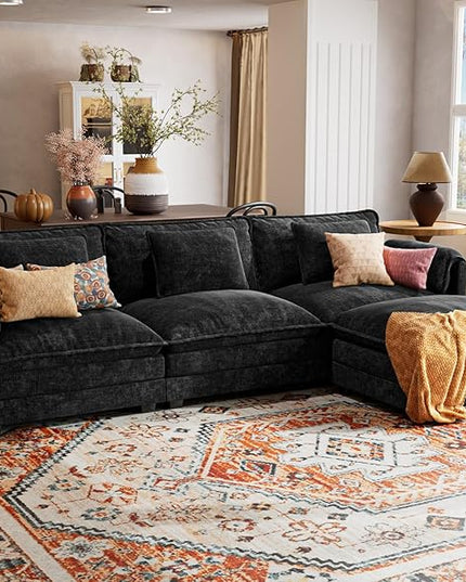ELUCHANG 113" Modular Sectional Sofa, Comfy Cloud Couch Deep Seat Sofa Couches for Living Room, Modern Sofa with Movable Ottoman and Throw Pillows, DIY Combination - Chenille Black