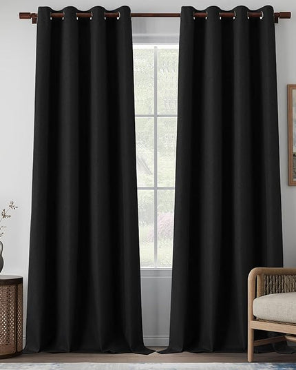 126 Inches Long Total Blackout Extra Long Linen Look Curtains, Ceiling to Floor Full Shade Noise Reducing Curtain Panels for Light Sleepers 10.5 Ft Length, Black, W52 x L126, 2 Panels