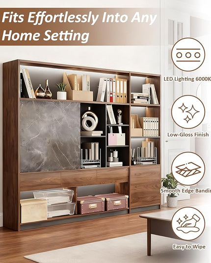 79" Bookshelf with LED Light, Tall Modern Book Shelves, Bookcase Shelf Storage Organizer, Curio Cabinets with Storage, Modern Display Cabinet, Home Office Bookcase