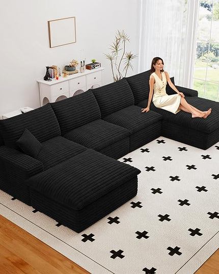 136" Cloud Couch Modular Sectional Sofa for Living Room, U-Shape Boneless Couch with Deep Seat, Modern Corduroy 4-Seater with Ottoman, No Assembly Required (Black,Right-Facing Chaise)