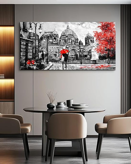 Black And White Buildings And Lovers Holding Umbrellas Under Street Lamps Canvas Art Print Artwork Wall Art For Living Room Large Size Wall Decor，Modern Home Decor Watercolor Wall Painting Decoration