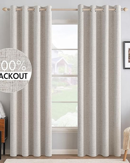MIULEE 100% Blackout Linen Textured Curtains for Bedroom Solid Thermal Insulated Ivory Grommet Room Darkening Curtains & Drapes Luxury Decor for Living Room Nursery 52 x 72 Inch (2 Panels)