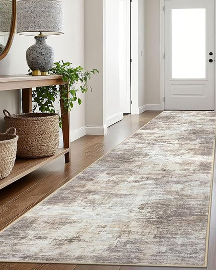 IOHOUZE Abstract Runner Rug 3x16 Ft Long Washable Runners for Hallways, Non Slip Kitchen Runner Printed Faux Wool Entryway Runner Indoor, Modern Abstract Floor Carpet for Hall Stair, Beige Brown