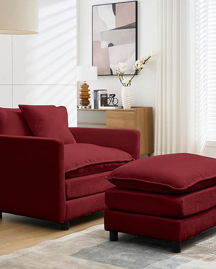 SZLIZCCC 56.3''D Oversized Chaise Lounge Chair Indoor, Comfy Chenille Upholstered Sofa Chair with Ottoman, Deep Seat Single Sofa Couch with 1 Pillow for Living Room(Wine red, 56.3''-Single)