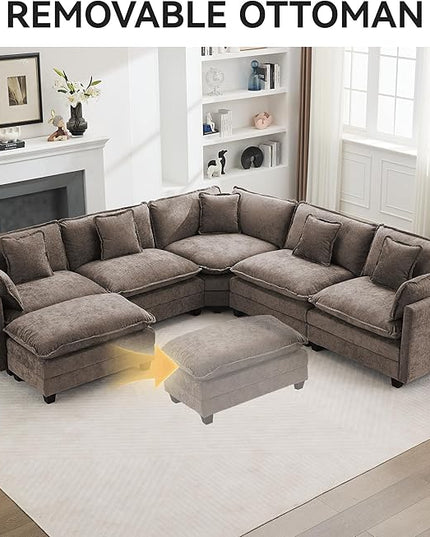137'' V Shaped Cloud Sectional Sofa, Oversized Deep Seat Couches for Living Room, Chenille Comfy Upholstered Modular Sectional Sofa Couch, Brown