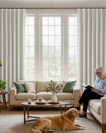 Joydeco Pinch Pleated Curtains - 100% Blackout for Bedroom, Light Beige Linen Curtains 40" W x 96" L, Thermal Insulated 2 Panels Light Blocking Drapes, Back Tabs for Living Room