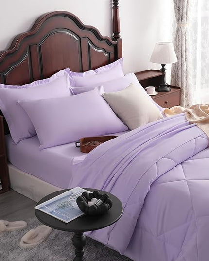 NTBAY Queen Comforter Set with Sheets, 7 Pieces Soft and Breathable Queen Bedding Set, Bed in a Bag, Down Alternative Comforter Set Solid Color All Season, Queen Bedding Set, Light Purple