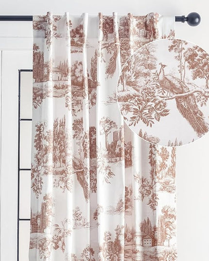Maison d' Hermine Curtains for Living Room 100% Cotton 108 inch Length One Panel Light Filtering Toile Curtains for Bedroom Windows with Rod and Loop Pockets Drapes (Trianon Brown, 50" W x 108" L)