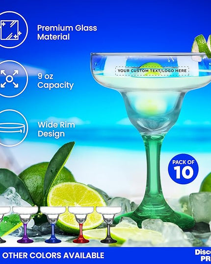 DISCOUNT PROMOS 10 Margarita Glasses Set, 9 oz. - Personalized Text, Logo - Classic, Smooth, Barware, Glassware - Green