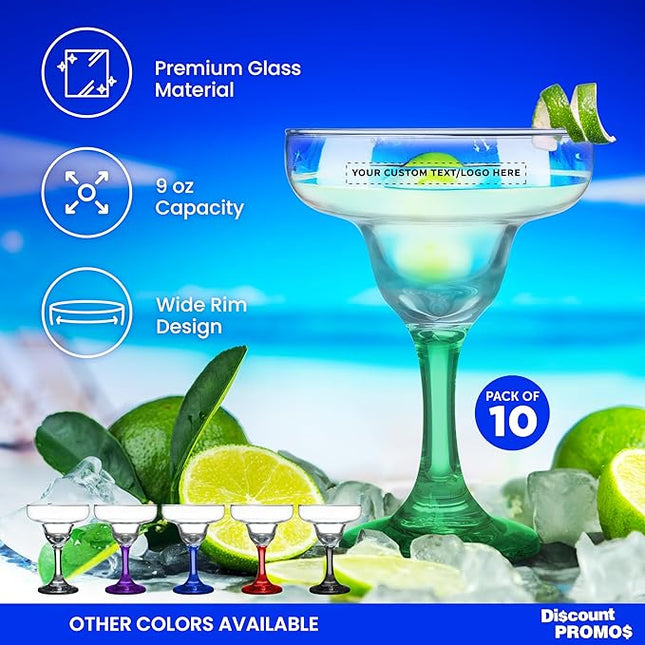DISCOUNT PROMOS 10 Margarita Glasses Set, 9 oz. - Personalized Text, Logo - Classic, Smooth, Barware, Glassware - Green