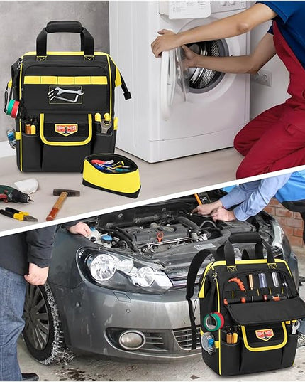 Tool Bag Backpack with Zipper Pouch and Magnetic Attraction Area, Heavy-Duty Tool Storage Organizer Bag, Tactical Work Tool Bag for Electrician, Repairman, HVAC Techs, Black
