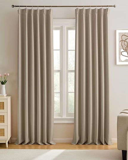 KEQIAOSUOCAI Pinch Pleated Curtains 108 Inch Long 9 FT Tall Curtains for Living Room Bedroom Thermal Memory Trained Pleated Viral Window Drapes with Hooks(Khaki,40W x 108L x 2 Panels)