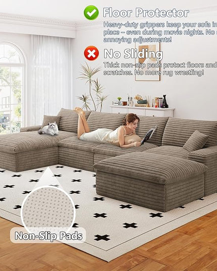 136" Cloud Couch Modular Sectional Sofa for Living Room, U-Shape Boneless Couch with Deep Seat, Modern Corduroy 4-Seater with Ottoman, No Assembly Required (Camel,Left-Facing Chaise)