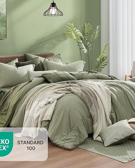 Monbix Queen Comforter Set - 7 Pieces Cationic Dyeing Sage Green Bed in a Bag Queen Bedding Sets with Comforter, Sheets, Pillowcases & Shams, Reversible Bedding Comforters Sets