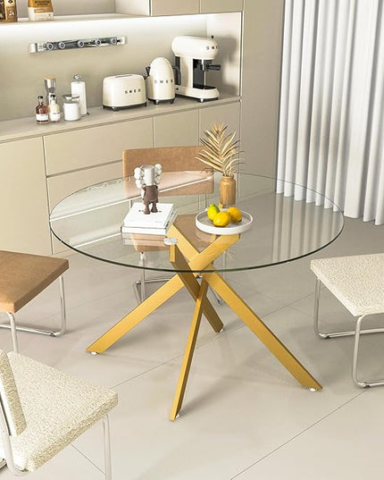 47.24" Round Glass Dining Table Modern Kitchen Glass Top Table for 6 with Gold Metal Legs, Clear Dining Table Kitchen Table for Home Office Dining Room