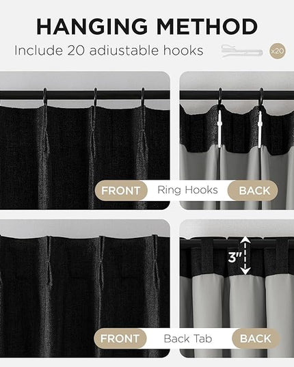 Joydeco Pinch Pleated Curtains - 100% Blackout for Bedroom, Black Linen Curtains 40" W x 108" L, Thermal Insulated 2 Panels Light Blocking Drapes, Back Tabs for Living Room