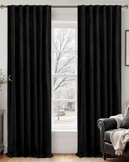 LAMIT Velvet Blackout Curtains for Bedroom 102 Inch Length, Halloween Black Room Darkening Thermal Panels Privacy Protected Back Tab and Rod Pocket Drapes for Living Room, 2 Panels, 52 x 102 Inch