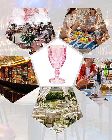 24 Pack Vintage Wine Glasses, Plastic Reusable 12 Ounce Colored Water Goblets, Unique Embossed Pattern Unbreakable Stemmed Wine Glasses High Clear Wedding Party Bar Drinking Cups Pink