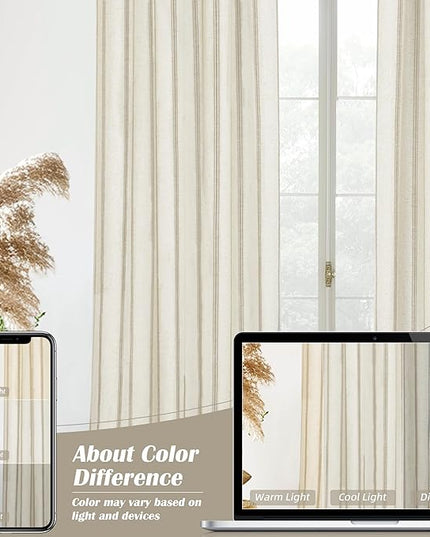 DriftAway Farmhouse Linen Blend Blackout Curtains 36 Inches Long for Bedroom Vertical Striped Printed Grommet Curtains Thermal Insulated Lined for Living Room 2 Panels W52 x L36 Camel Beige