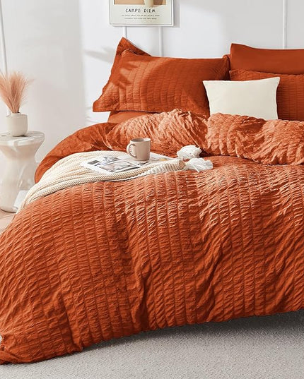 HYMOKEGE Burnt Orange Twin Comforter Set Seersucker 5 Pieces, All Season Luxury Bed in a Bag for Bedroom, Bedding Set with Comforters, Sheets, Pillowcase & Sham
