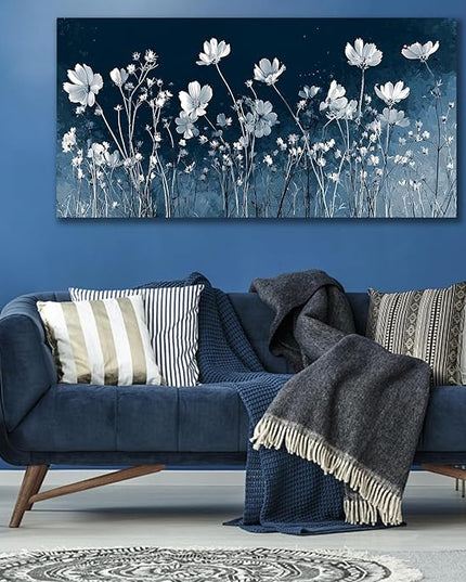 HUADAOART Canvas Wall Art White Wildflowers on Navy Blue Background Modern Floral Home Decor for Bedroom 24" x 48"