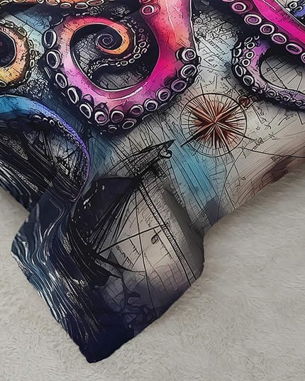 AILONEN Octopus Window Drapes Comforter Set Full Size,Nautical Adventure Map & Ship Wheel Bedding Sets,Ocean Animal Sealife Duvet Set,3-Piece, 1 Quilt and 2 Pillowcases,Soft Microfiber