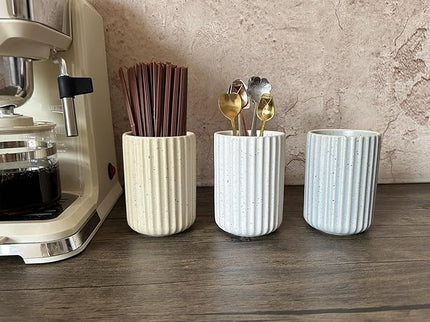 Stoneware Coffee Bar Utensil Holder Tea & Coffee Spoon & Stirrer Holder for Stir Stick Straw Teaspoon Holder Spoon Cup Small Utensil Jar Fluted Vertical Stripe (Spotted White)