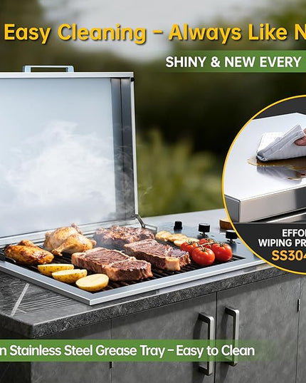 34-Inch Premium Built-In Liquid Propane Griddle for Outdoor Kitchen, 3-Burner Heavy Duty Stainless Steel Flat Top Grill with Lid, 48,000 BTUs, Large Cooking Area for BBQ Island, Outdoor Cooking,Silver