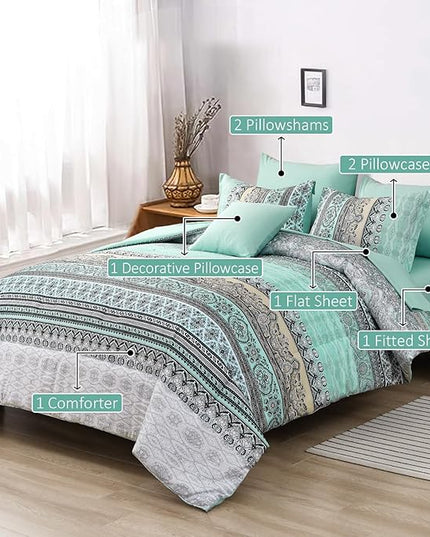 Cottolester Boho Comforter Set King Size,8 Piece Bed in a Bag Sage Green Paisley Comforter and Sheet Set,Striped Bedding Set Soft Microfiber Complete Bedding Set