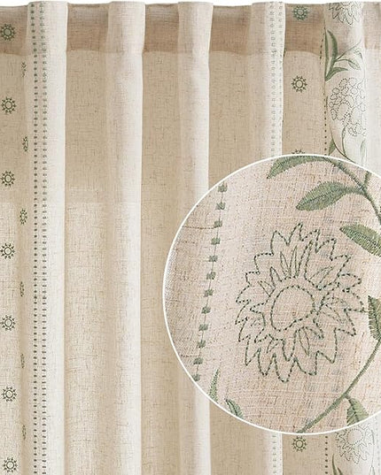 jinchan Winslow Linen Curtains for Bedroom 84 Inches Length Embroidered Bordered Floral Curtains for Living Room Farmhouse Decor Light Filtering Window Treatments Sage on Beige Drapes 2 Panels