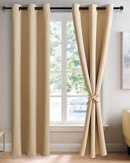 JIUZHEN Beige Blackout Curtains with Tiebacks - Thermal Insulated, Light Blocking and Noise Reducing Grommet Curtain Drapes for Bedroom and Living Room, Set of 2 Panels, 42 x 84 Inches Long